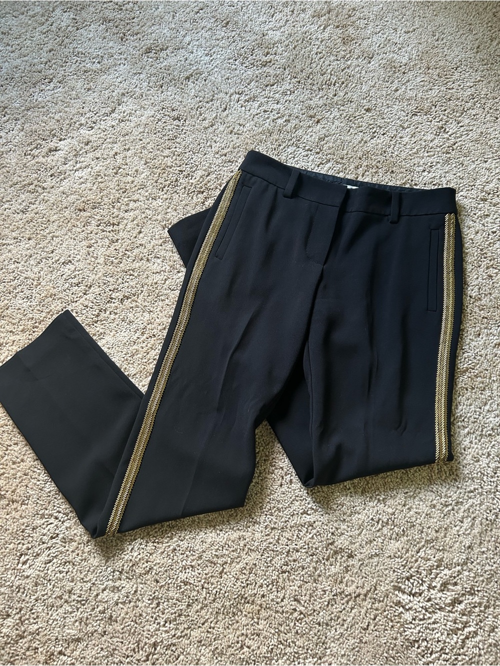 Trina Turk Black Dress Pants with Gold Side Beaded Stripes NEVER WORN